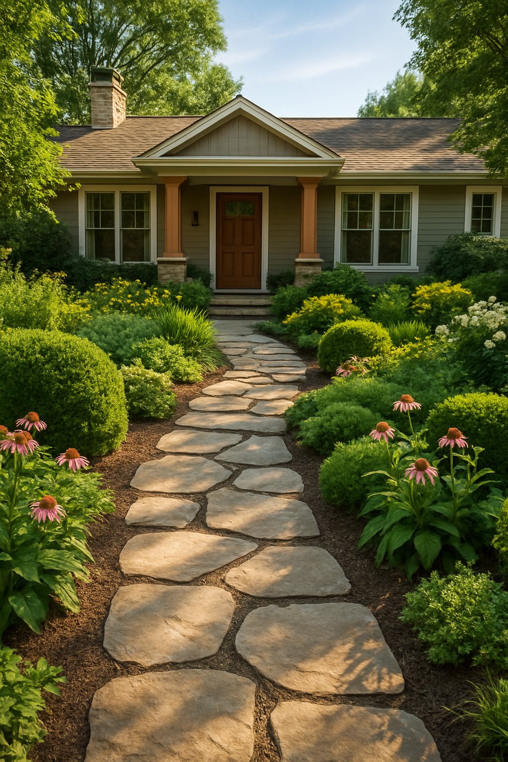 A pathway of flagstone stepping stones leading through a garden toward a ranch house surrounded by plants and shrubs.
