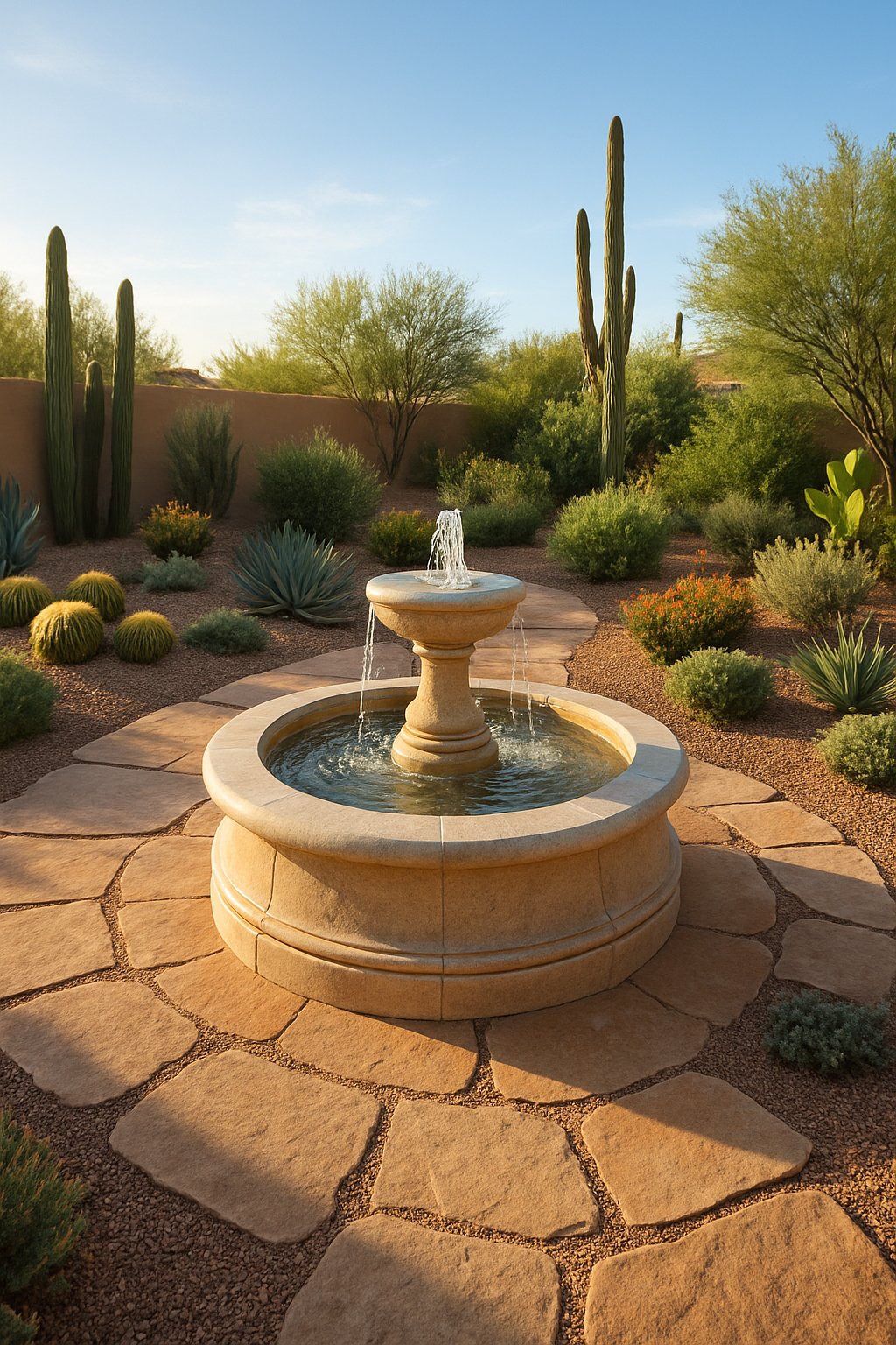 A landscaped Arizona backyard with desert plants and a small stone water fountain surrounded by natural stone pathways.