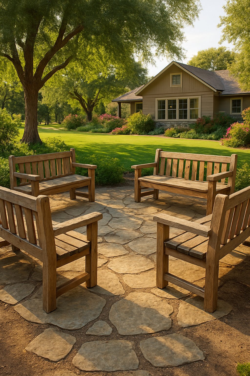 Outdoor seating area with rustic wooden benches on a stone patio surrounded by trees, shrubs, and a ranch house in the background.