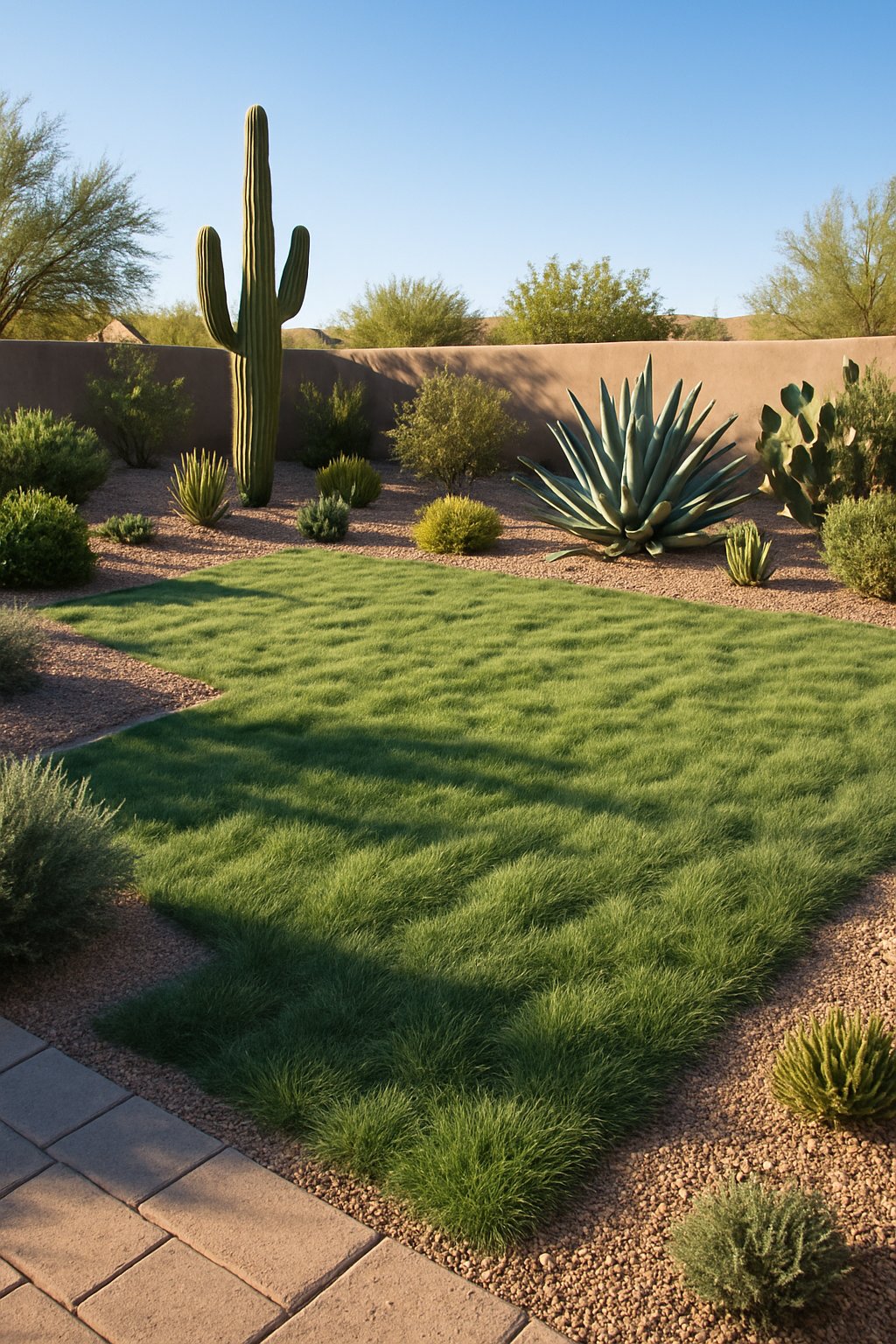 An Arizona backyard with buffalo grass, desert plants, stone pathways, and clear blue sky.