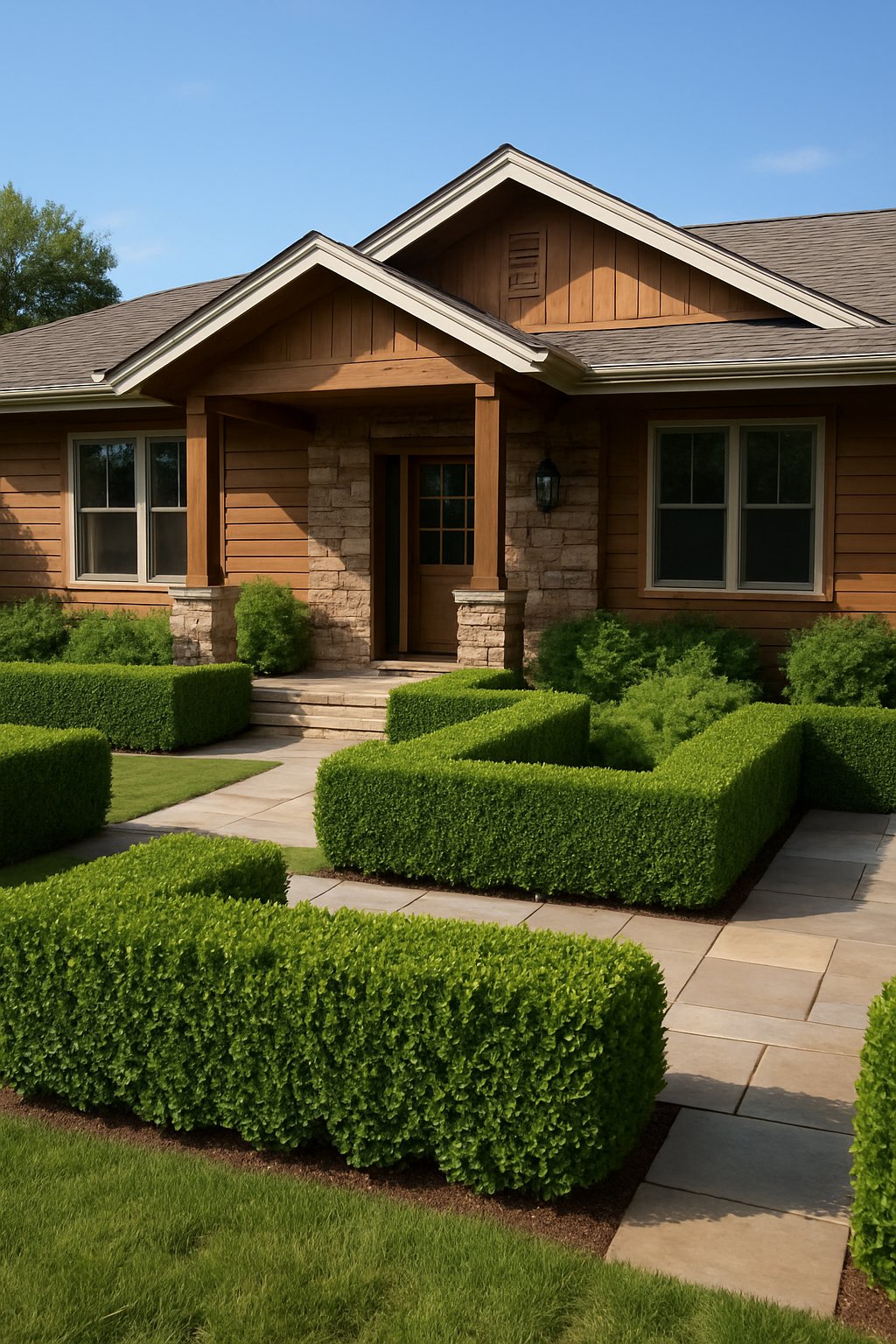 A ranch house with low boxwood shrubs neatly arranged to define garden spaces and pathways around the house.