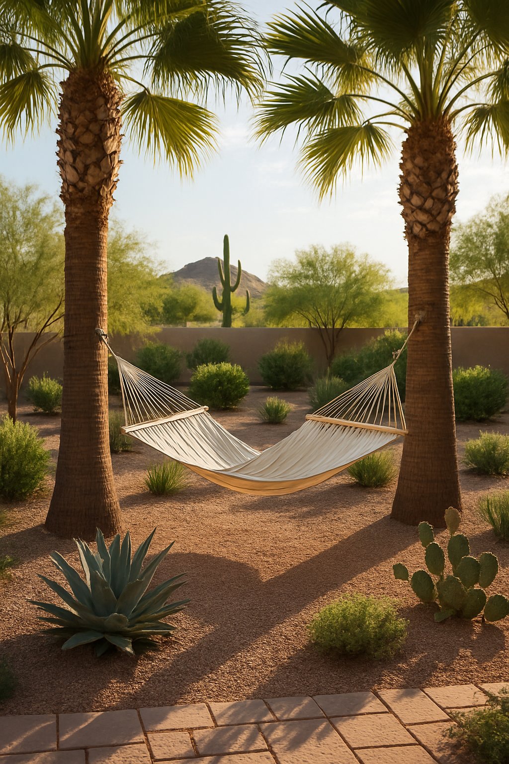 A hammock hanging between two palm trees in a desert-style backyard with gravel and desert plants under warm sunlight.