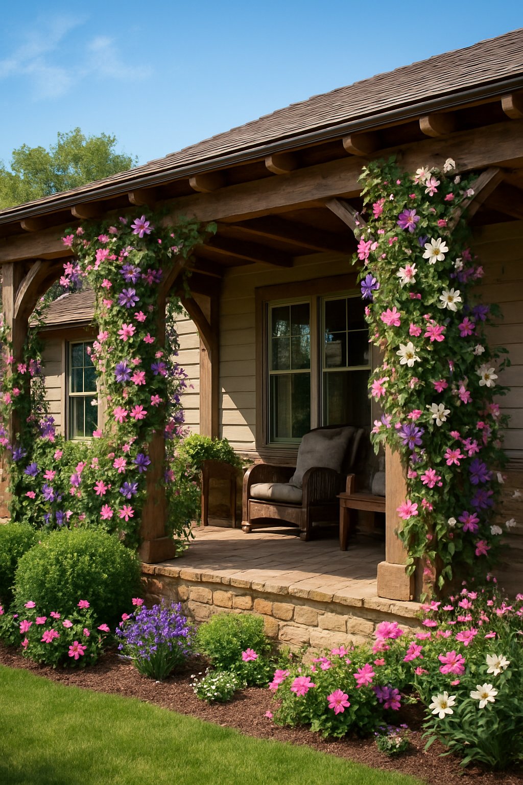 A ranch house porch with wooden trellises covered in colorful flowering vines surrounded by lush landscaping.