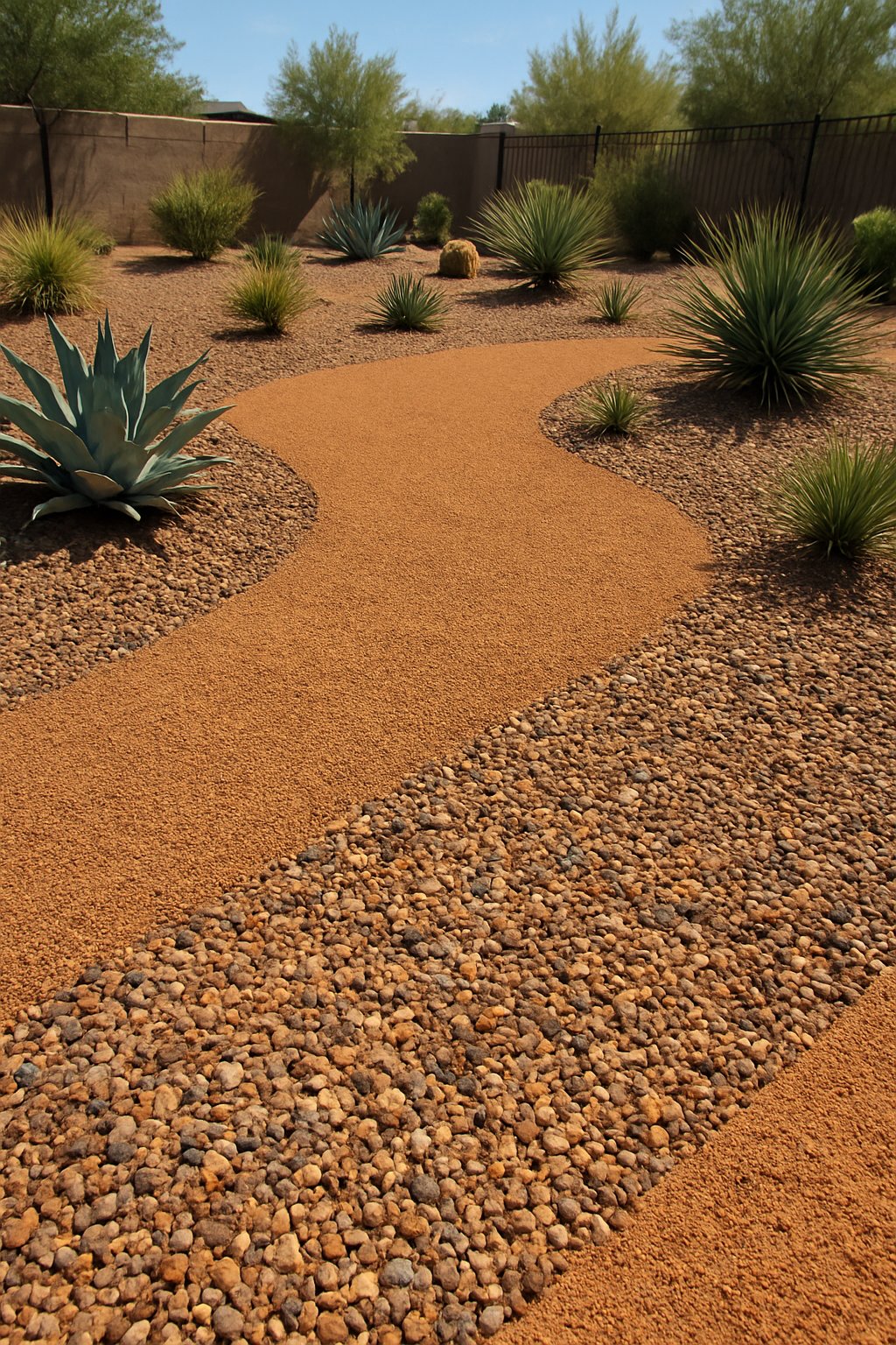 An Arizona backyard with a mix of gravel and decomposed granite ground cover surrounded by desert plants like agave and yucca.