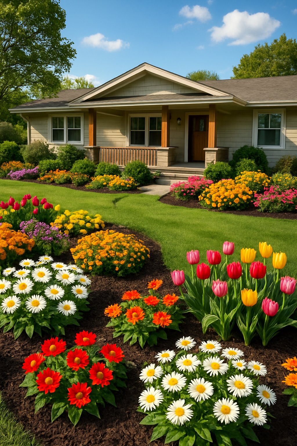 A ranch house with mulched garden beds filled with colorful seasonal flowers in the front yard under a clear blue sky.