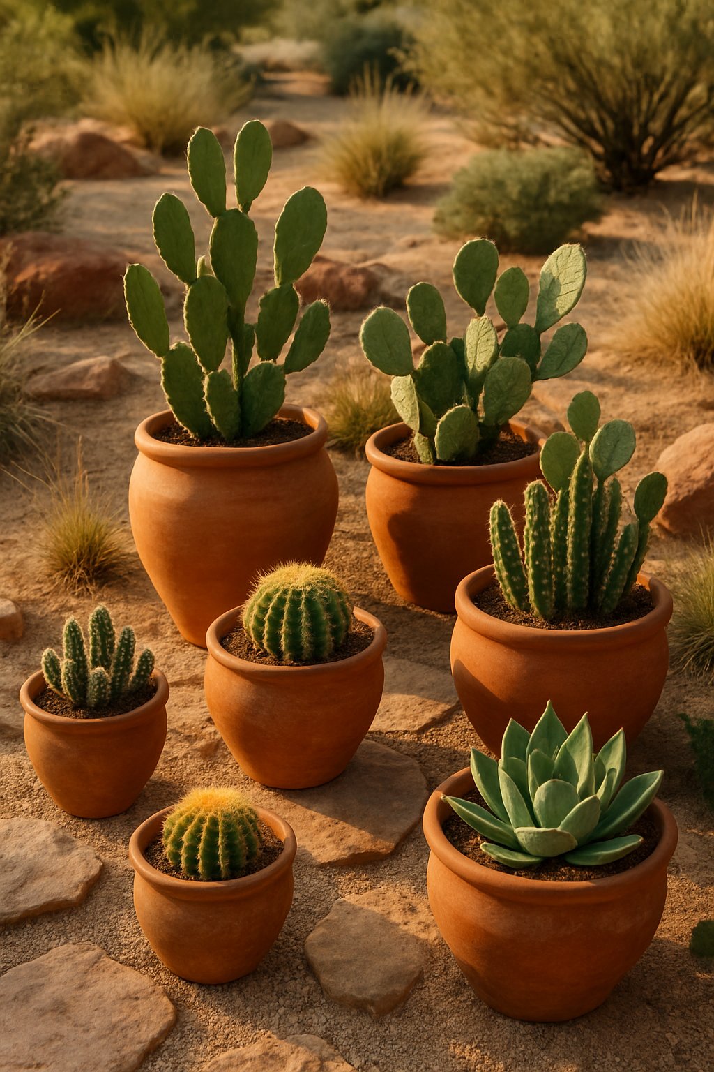 A backyard with terracotta pots filled with various cacti and succulents arranged on stone and gravel ground surrounded by desert plants and red rocks.