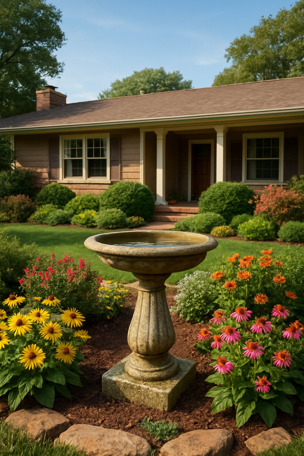 A charming birdbath in the garden in front of a single-story ranch house surrounded by flowers and greenery.