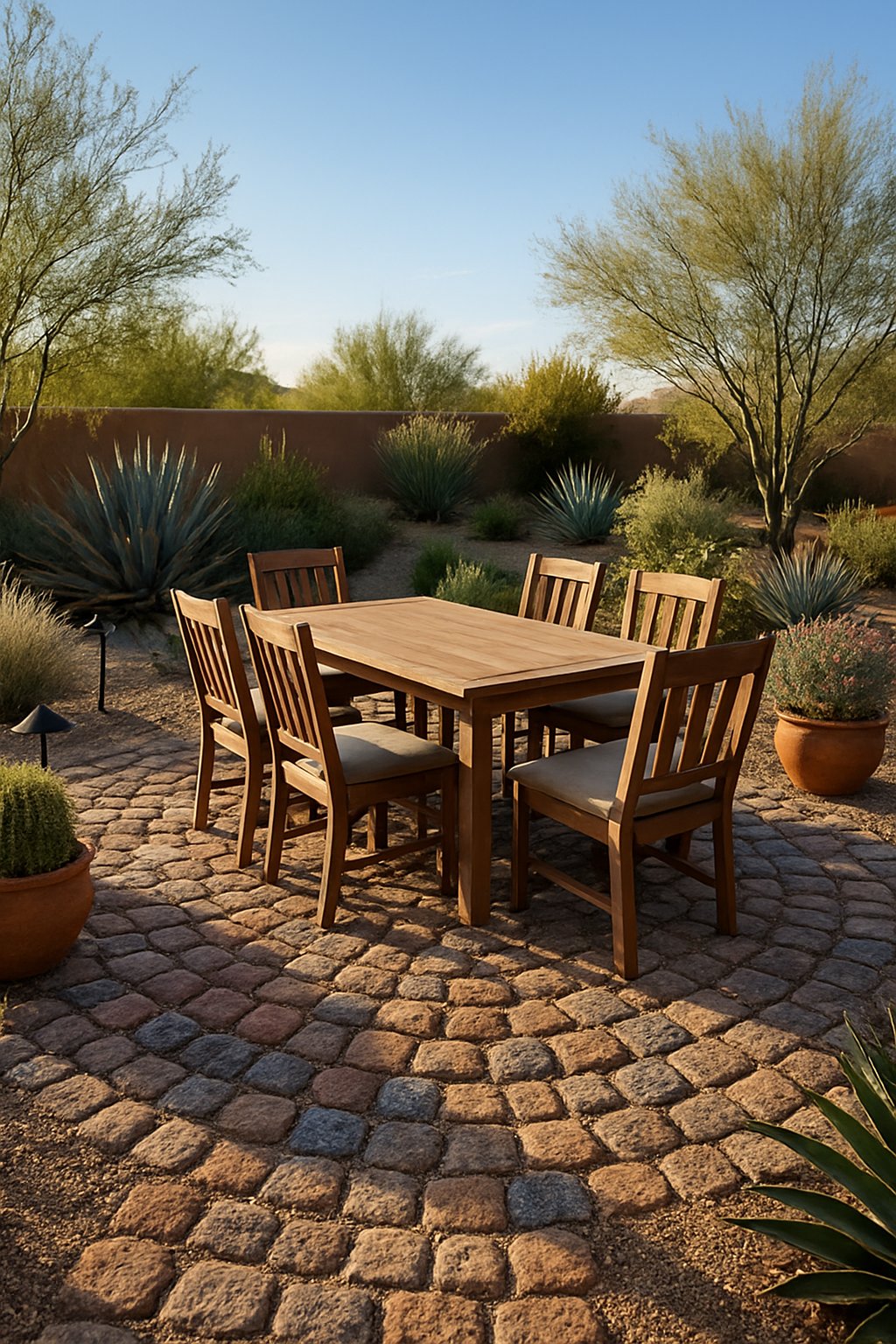 A cobblestone patio with a wooden dining table and chairs surrounded by desert plants in an Arizona backyard.