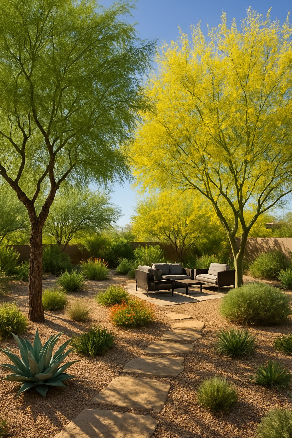 An Arizona backyard with mesquite and palo verde trees, desert plants, stone pathways, and outdoor seating under a clear blue sky.