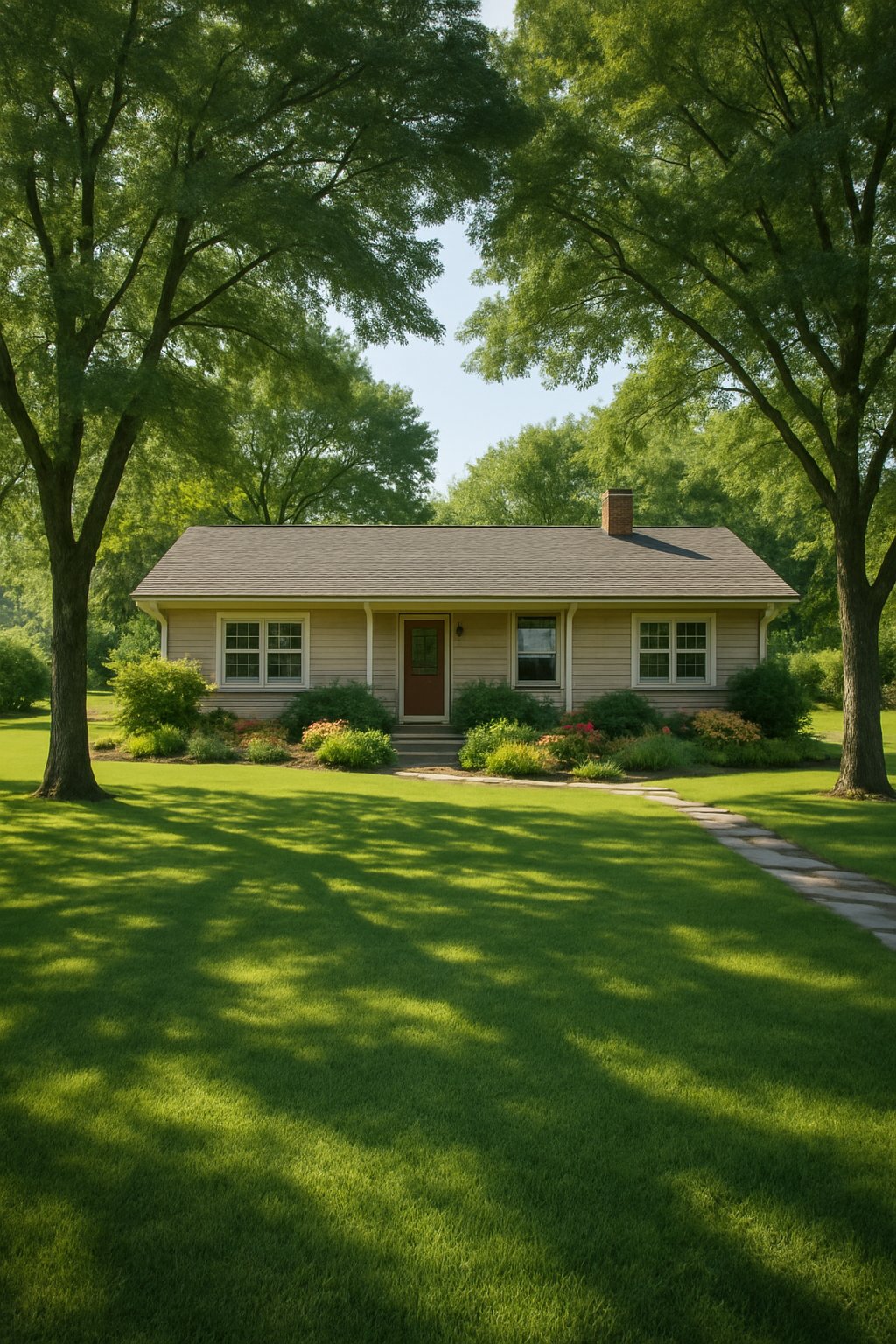 An open lawn with scattered shade trees around a single-story ranch house with landscaping including grass, flower beds, and stone pathways.