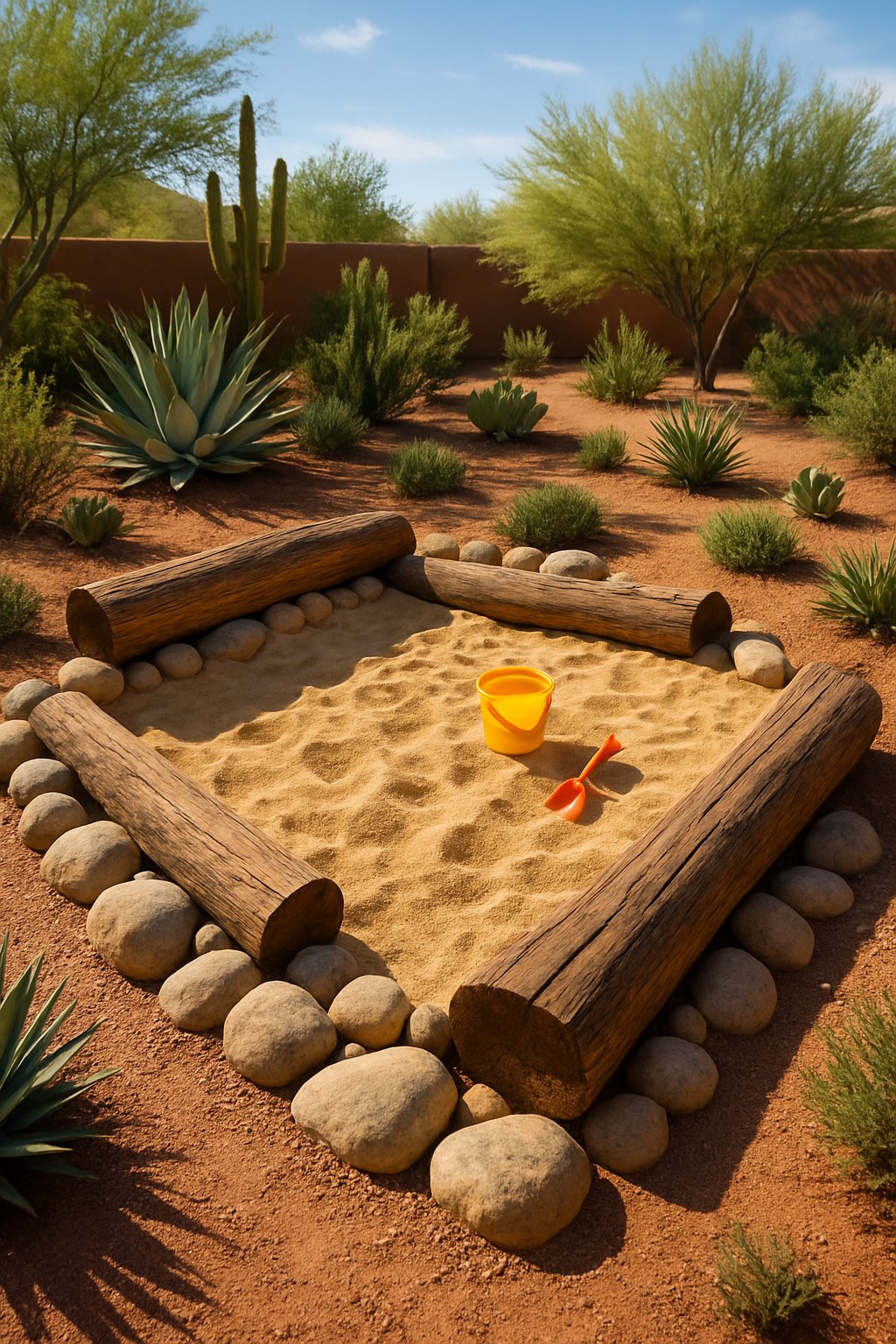 A kids' play nook in an Arizona backyard featuring a sandpit surrounded by rocks, wooden logs, and desert plants under a clear blue sky.