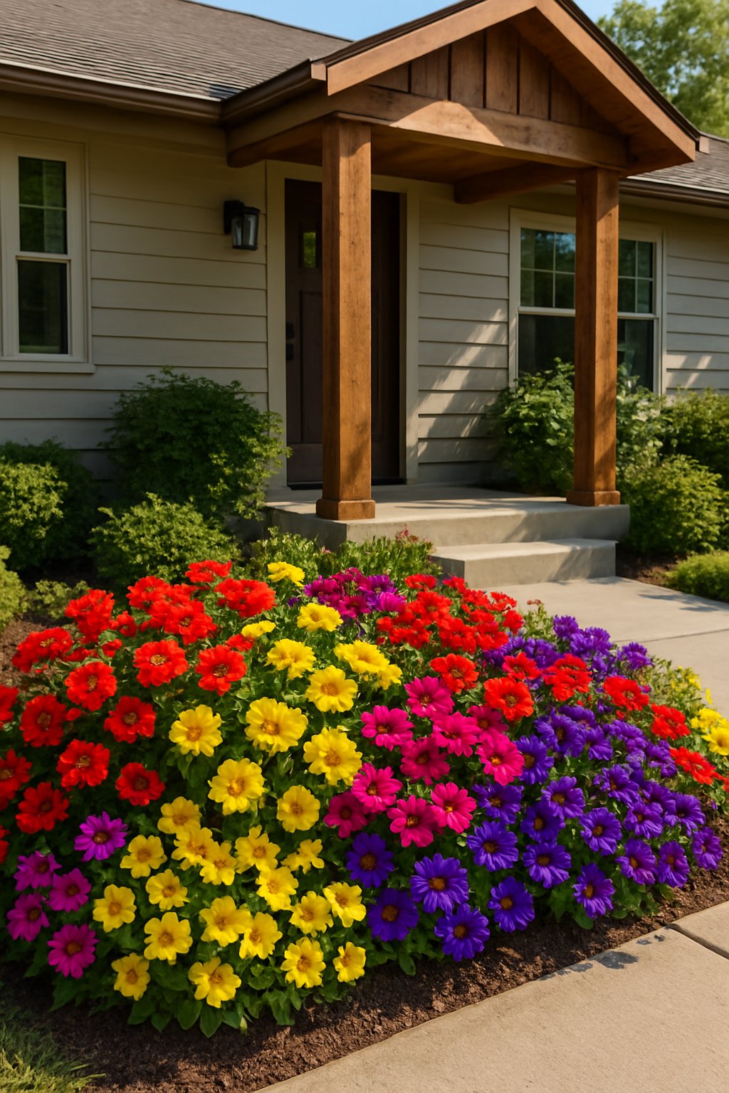 Cluster of colorful annual flowers planted near the entry of a ranch-style house with a front porch and garden bed.
