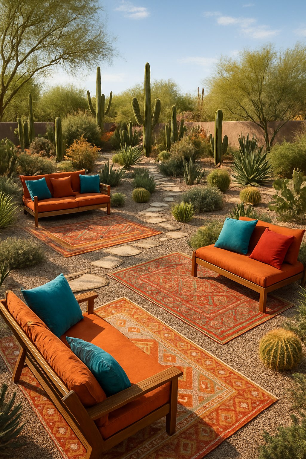 An Arizona backyard with desert plants, outdoor rugs, and colorful cushions arranged around seating areas.