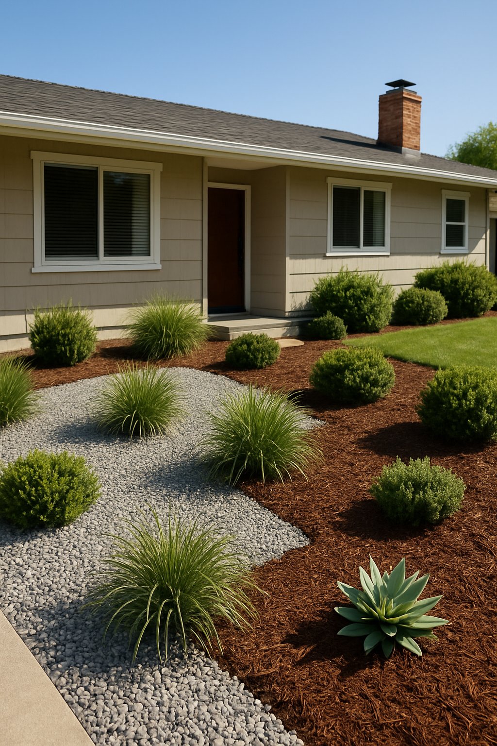 A ranch house with a garden bed featuring a mix of gravel and mulch, surrounded by small shrubs and ornamental grasses under a clear sky.