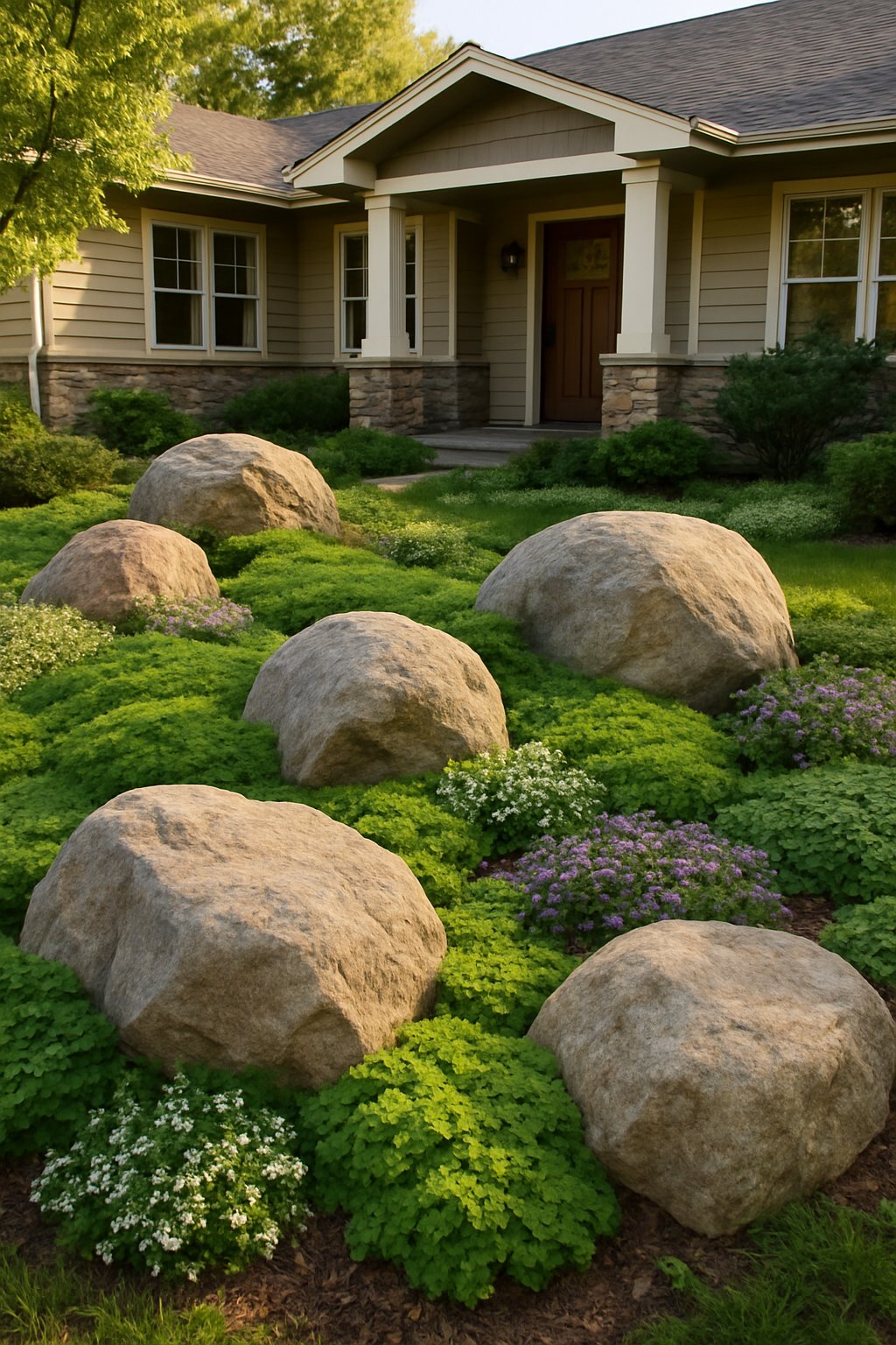 Front yard of a ranch house with decorative boulders surrounded by creeping groundcovers and plants.