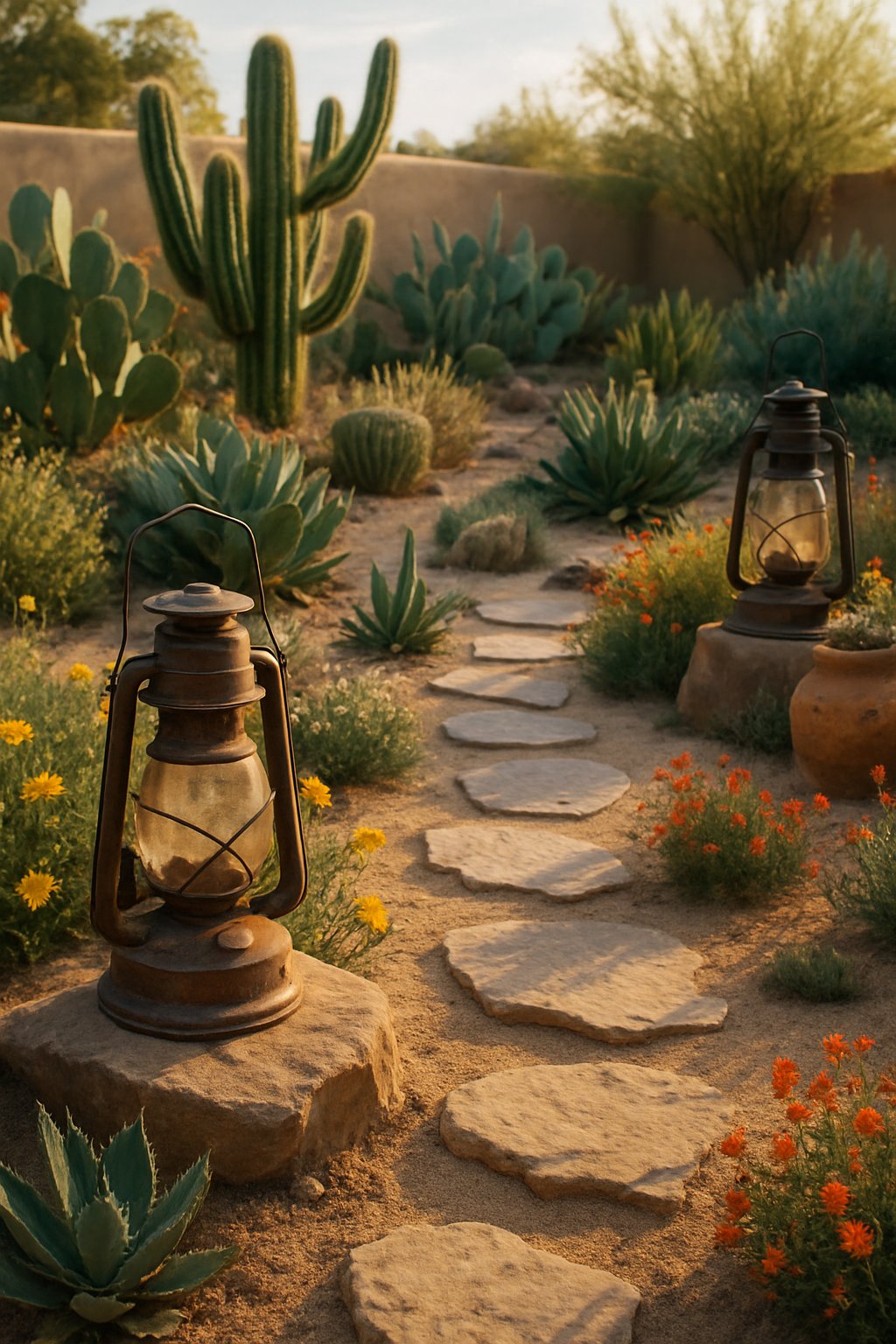 An Arizona backyard with desert plants, stone pathways, terracotta pots, and old rustic lanterns arranged among cacti and wildflowers.