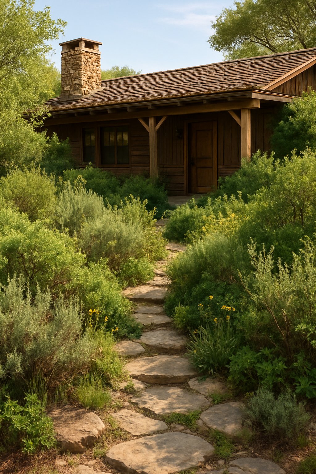 A ranch house surrounded by dense wild shrubbery and natural landscaping with stone pathways under soft sunlight.