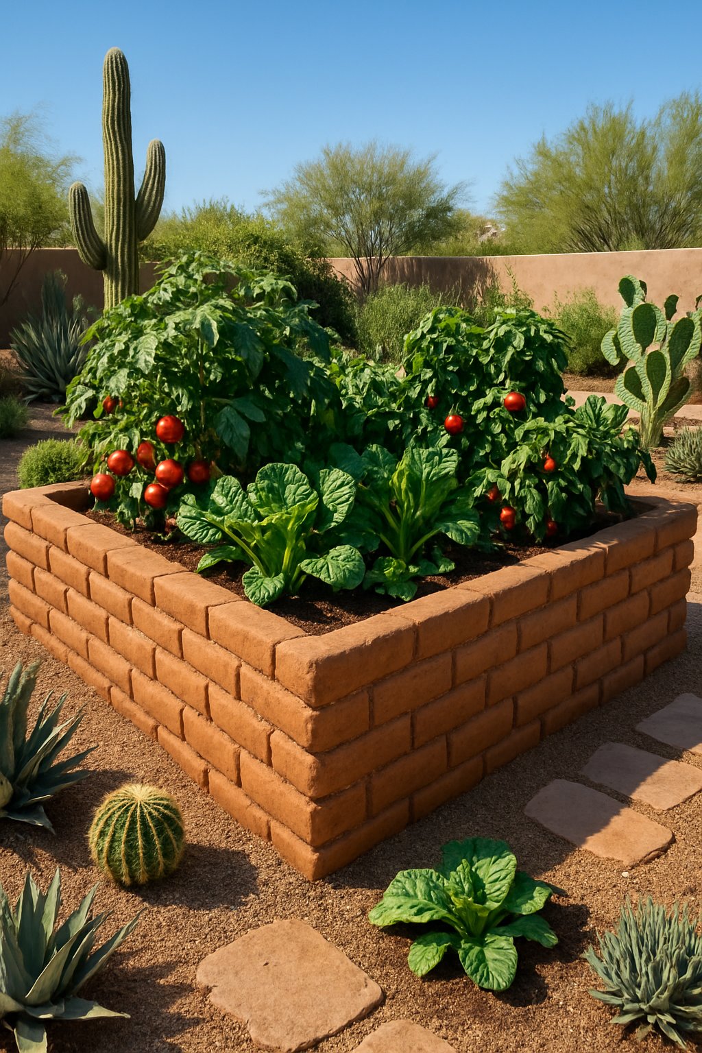 A backyard with a raised vegetable garden made of adobe walls, filled with various vegetables and surrounded by desert plants under a clear blue sky.