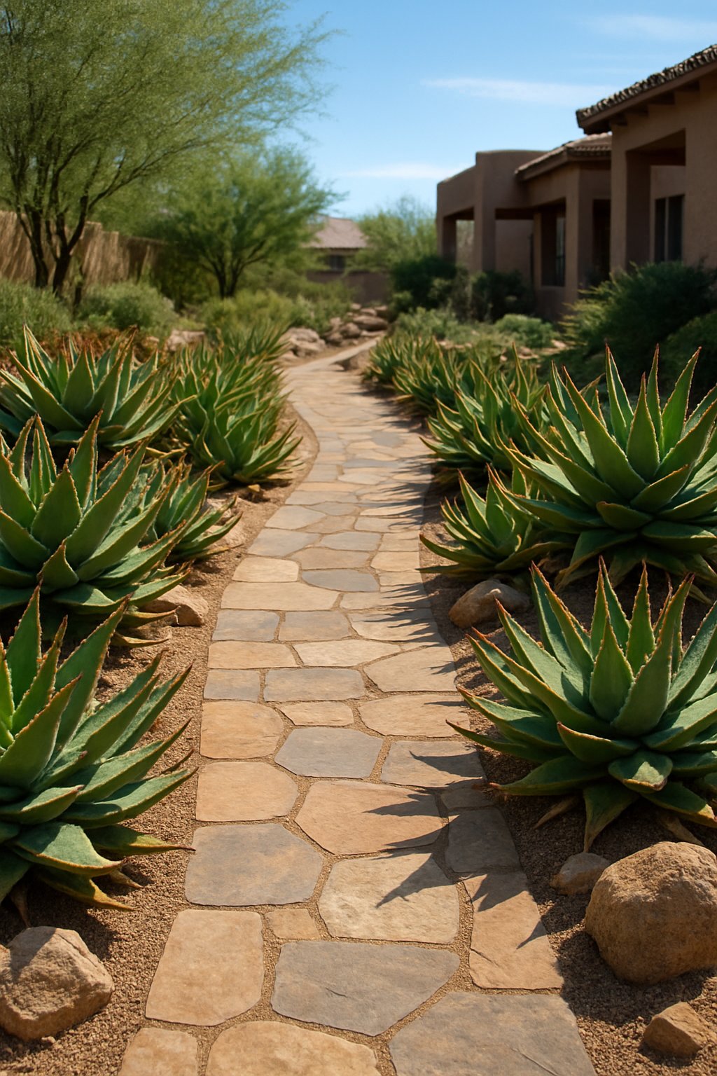 A backyard pathway lined with desert aloe plants, natural stone pavers, desert rocks, and sandy soil under a clear blue sky.
