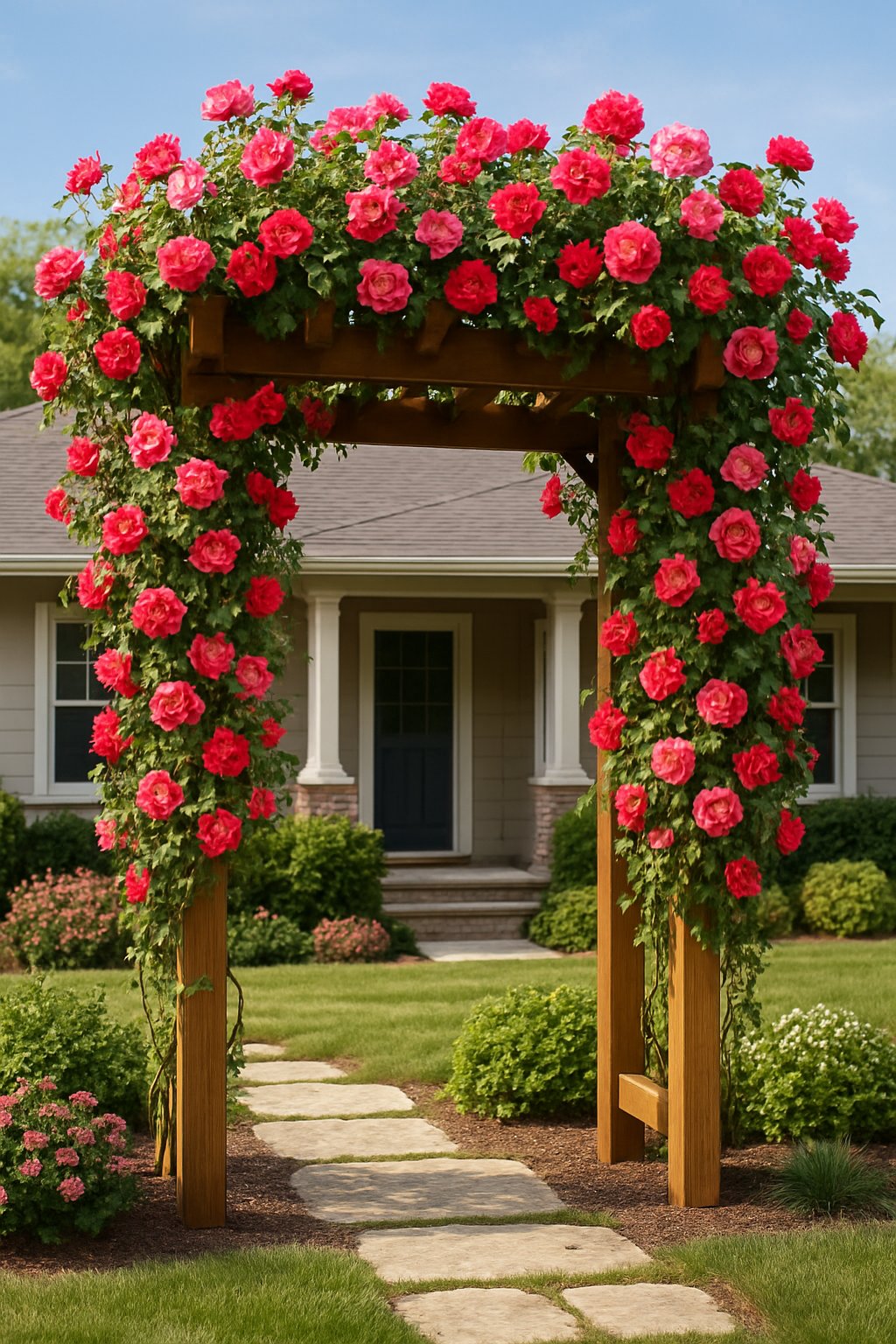 A pergola covered with climbing roses in front of a ranch house surrounded by a well-maintained garden and stone pathways.