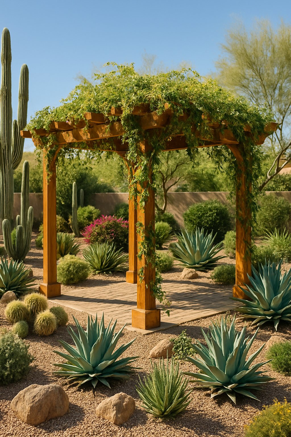 A backyard in Arizona with a wooden pergola covered in desert vines, surrounded by desert plants like cacti and succulents under bright sunlight.