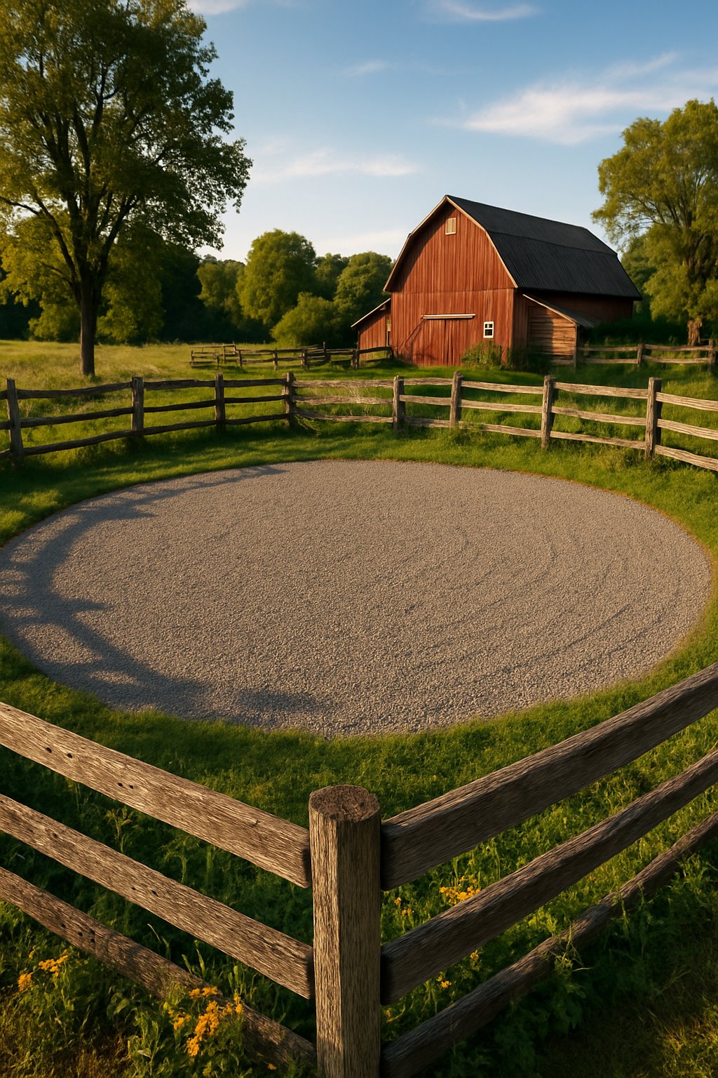 A large gravel circle surrounded by wooden fences and a red barn, set in a grassy area with trees and wildflowers.