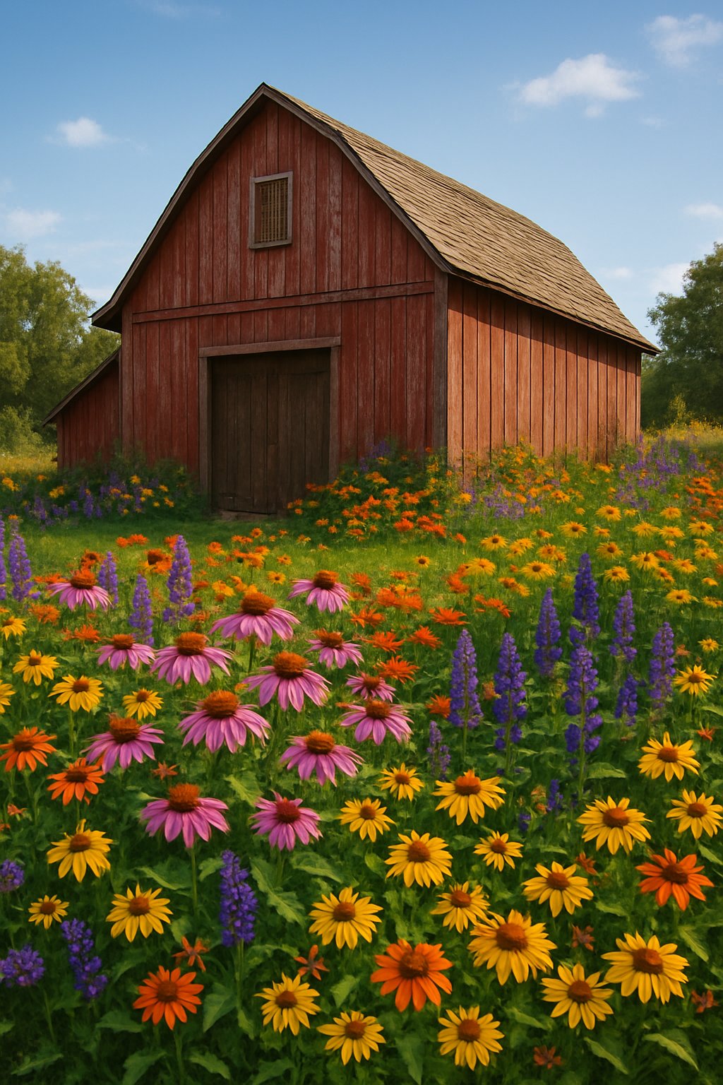 A rustic barn surrounded by a dense garden of colorful native wildflowers under a clear sky.