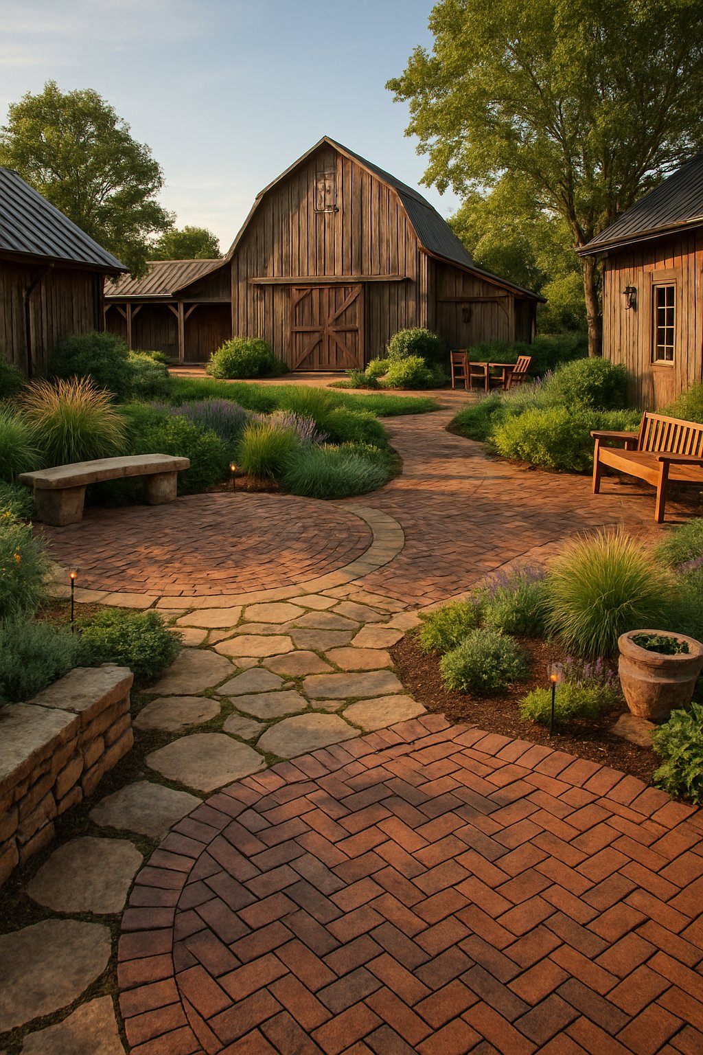 A barnyard with multiple brick and stone patios surrounded by plants, trees, and rustic wooden barns.