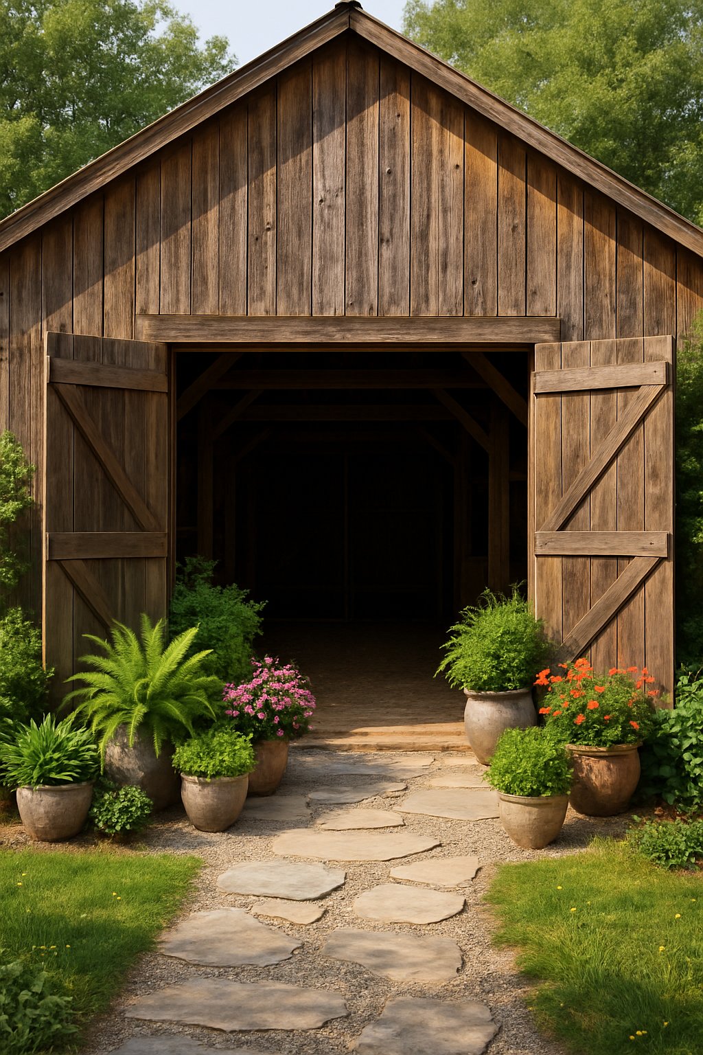 Entrance of a rustic barn with several potted plants arranged near the doors, surrounded by gravel paths, grass, and wildflowers.