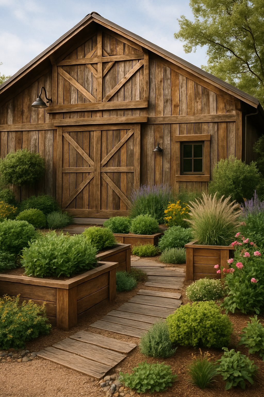 A rustic barn with reclaimed wood siding surrounded by lush plants, wooden planters, and stone pathways in a landscaped outdoor setting.