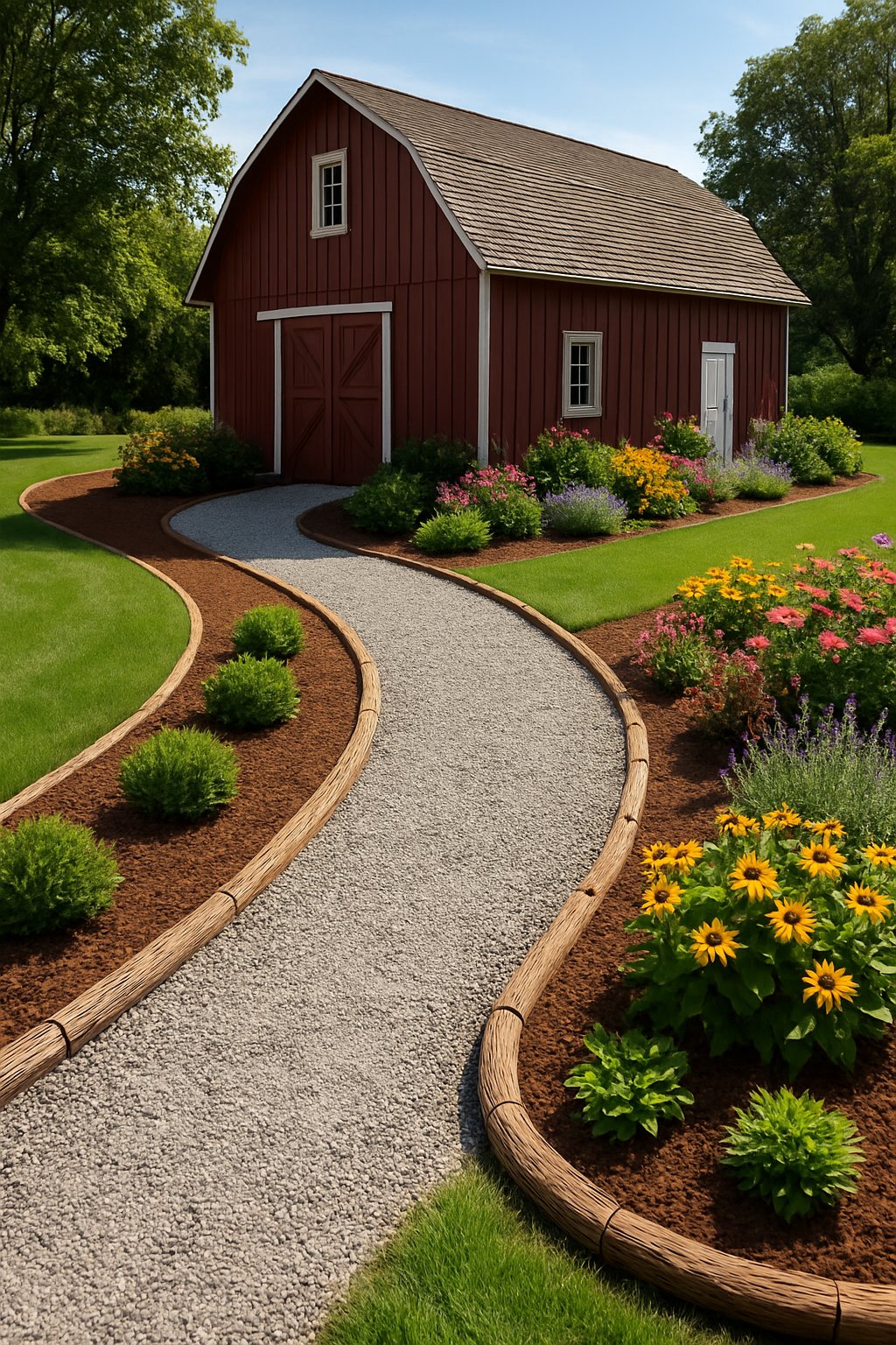 A barn surrounded by green grass and flower beds with clearly defined walkways made of mulch and gravel leading to the barn doors.
