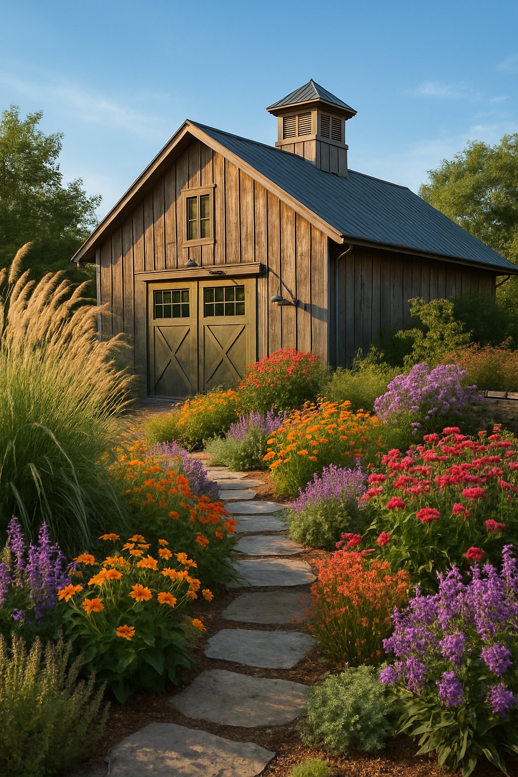 A rustic barn surrounded by tall grasses and colorful perennial flowers in a natural garden setting under a clear sky.