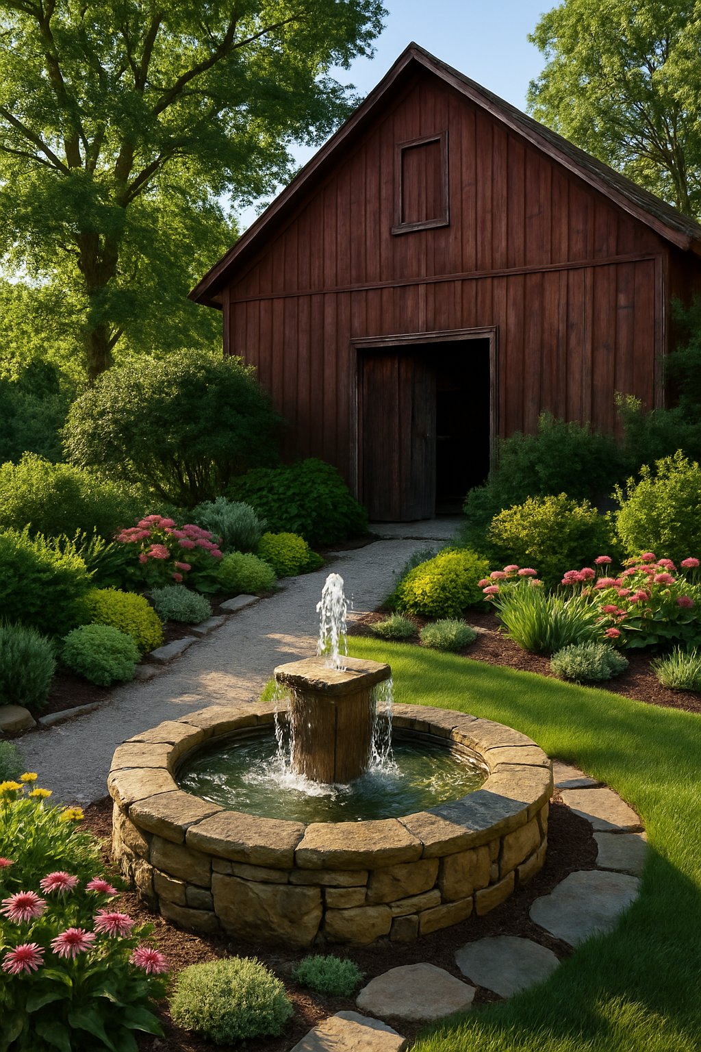 A rustic red barn surrounded by lush greenery and flower beds, featuring a small stone water fountain near a gravel pathway.