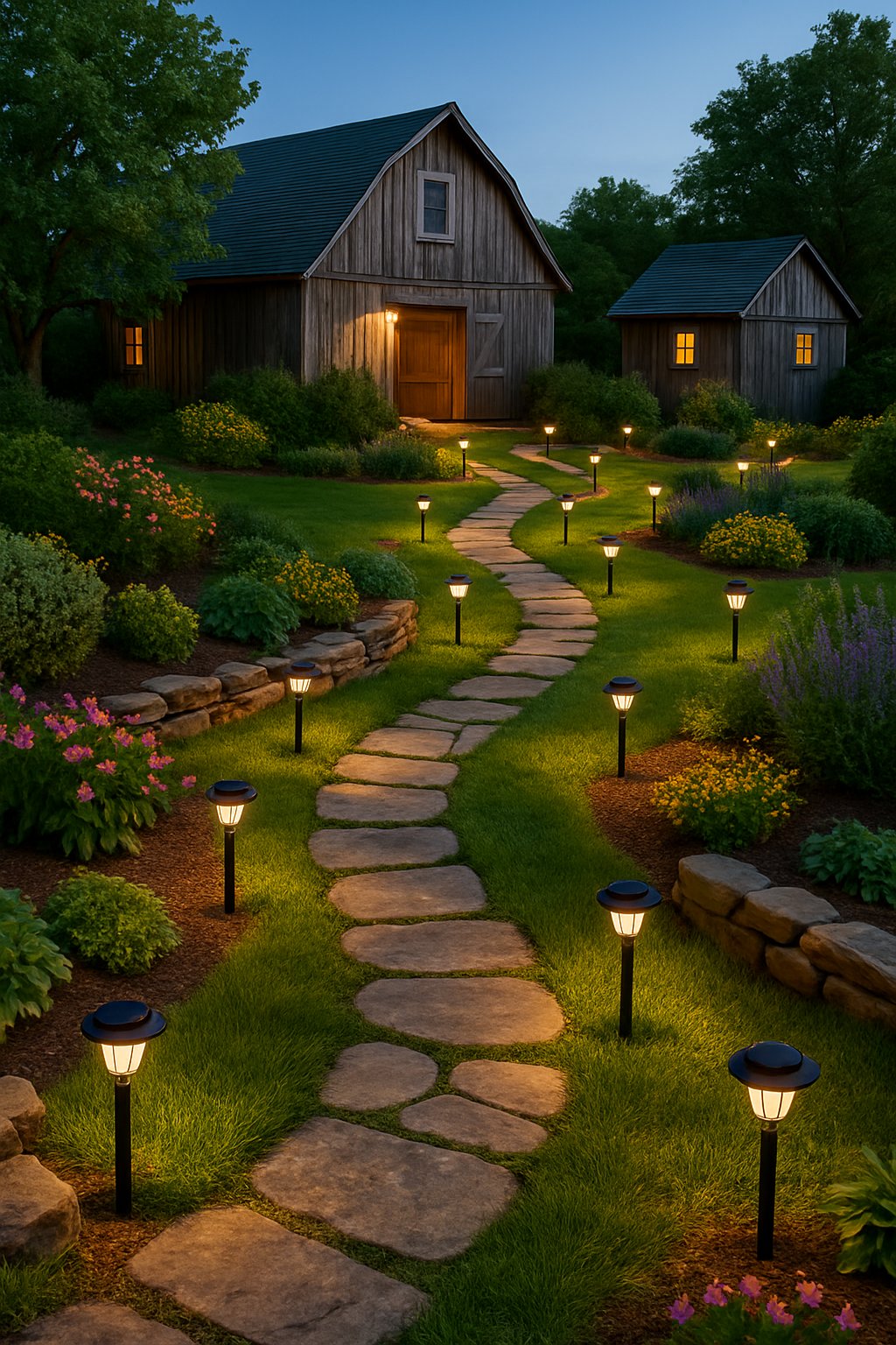 Outdoor barn area with multiple stone pathways lined by solar garden lights, surrounded by plants and rustic buildings.
