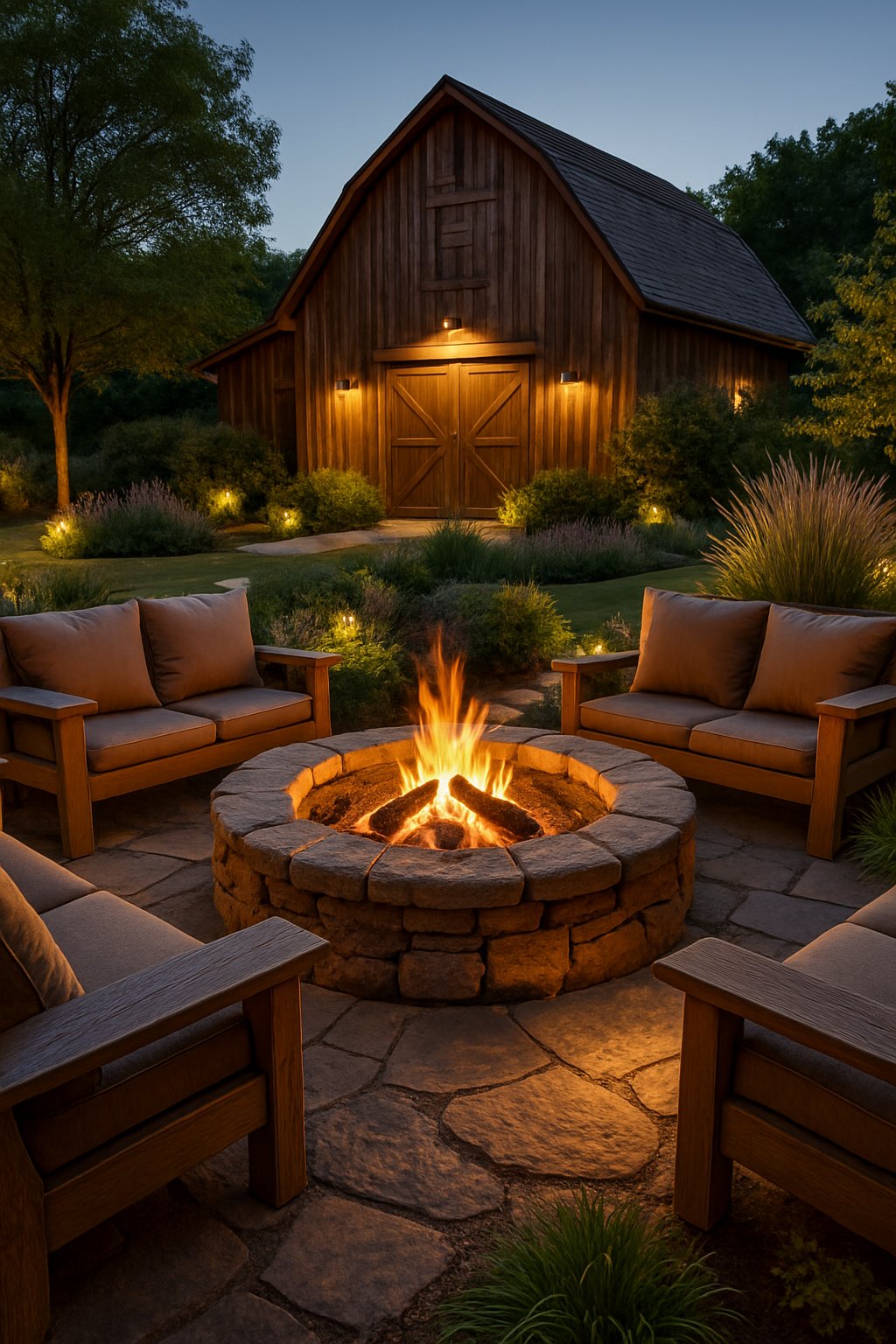 A cozy outdoor fire pit area with stone seating surrounded by greenery and plants in a backyard setting.