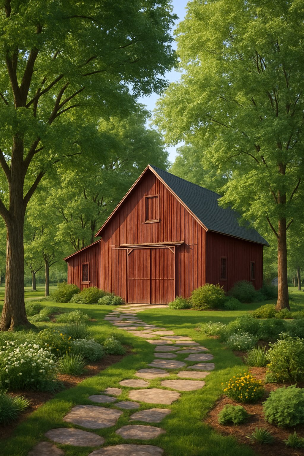 A rustic red barn surrounded by 27 oak and ash shade trees with green grass, stone pathways, and garden beds in a peaceful countryside setting.