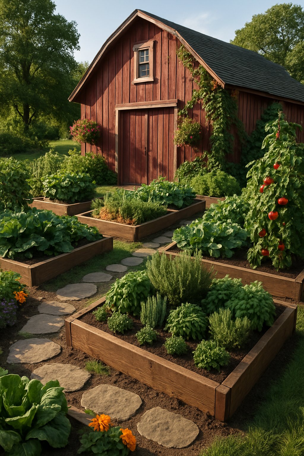 A rustic barn surrounded by raised vegetable and herb garden beds with stone pathways and blooming flowers.