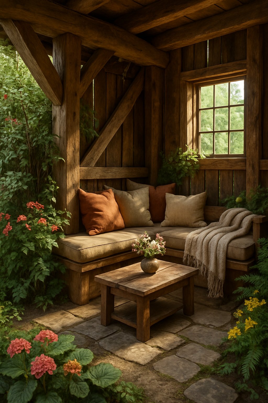 A cozy seating nook inside a rustic barn surrounded by green plants and flowers, featuring wooden beams, comfortable cushions, and a small wooden table.