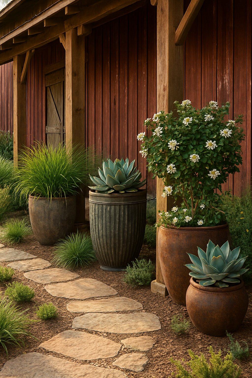 A rustic barn with wooden posts surrounded by large container plants filled with green shrubs and grasses, set in a natural landscaped area.