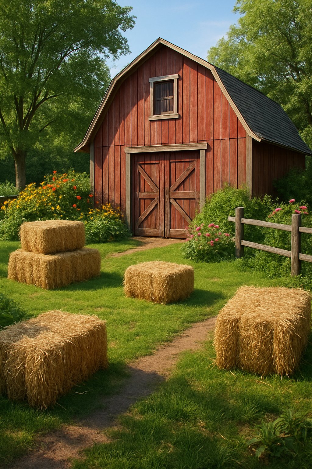 A rustic red barn surrounded by green grass and flowering plants with decorative hay bales arranged around the yard.