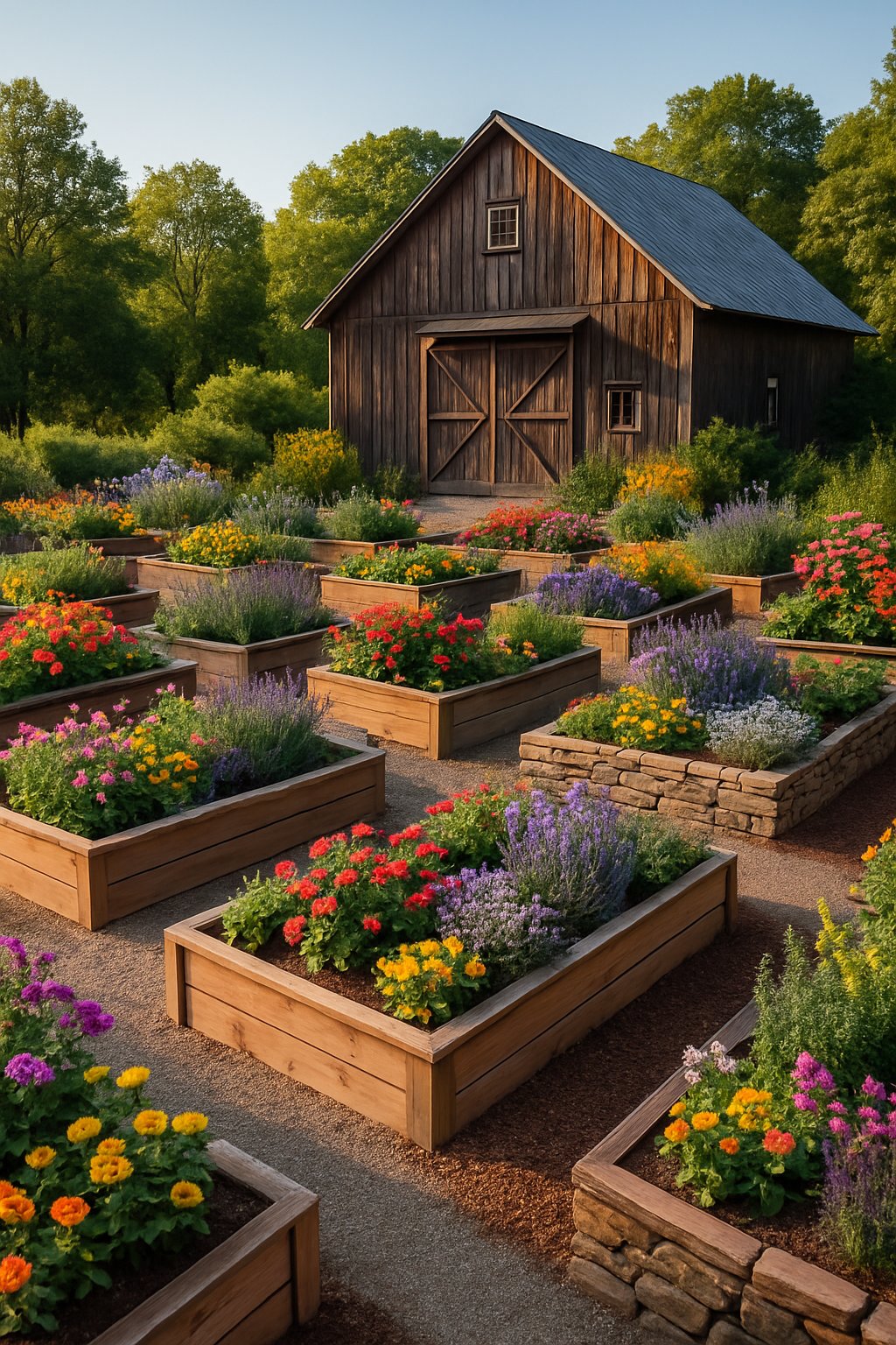 A barn surrounded by 27 raised flower beds filled with colorful flowers and greenery arranged along garden paths.