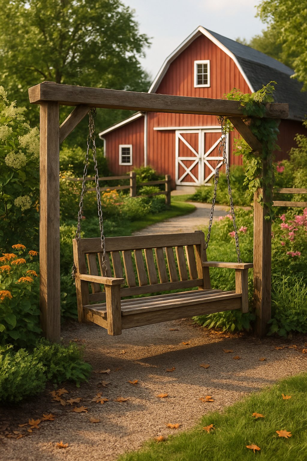 A rustic wooden bench swing hanging in a garden area in front of a red barn surrounded by plants and greenery.