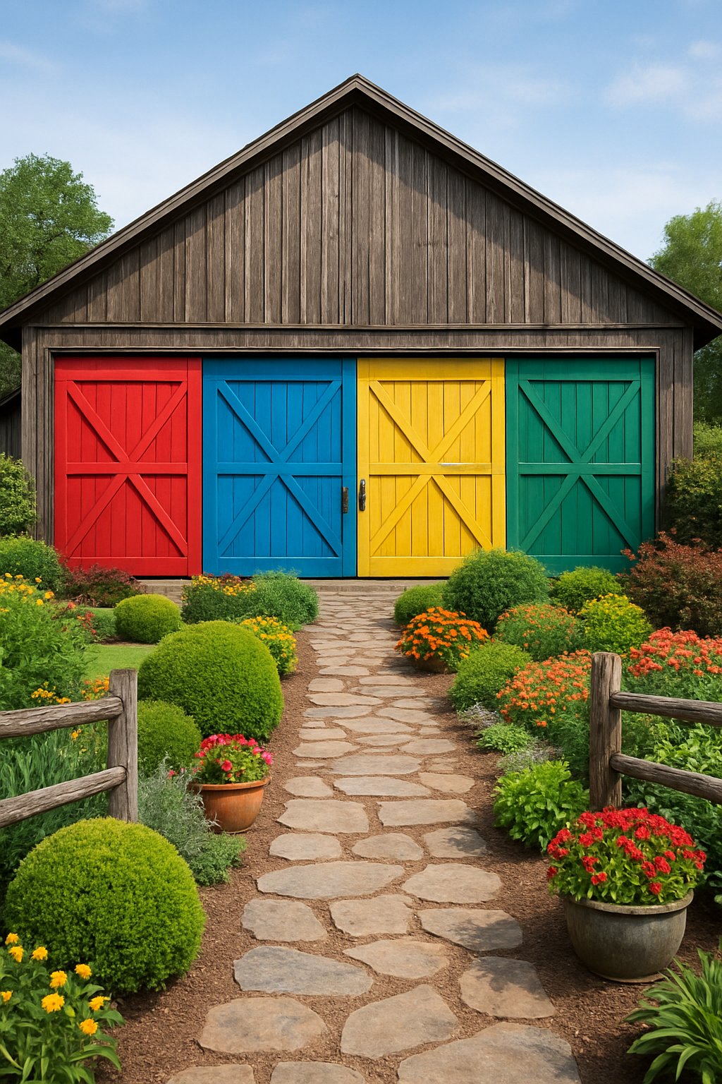 A large barn with brightly colored barn doors surrounded by various landscaping elements including shrubs, flowers, stone pathways, and wooden fences under a clear sky.
