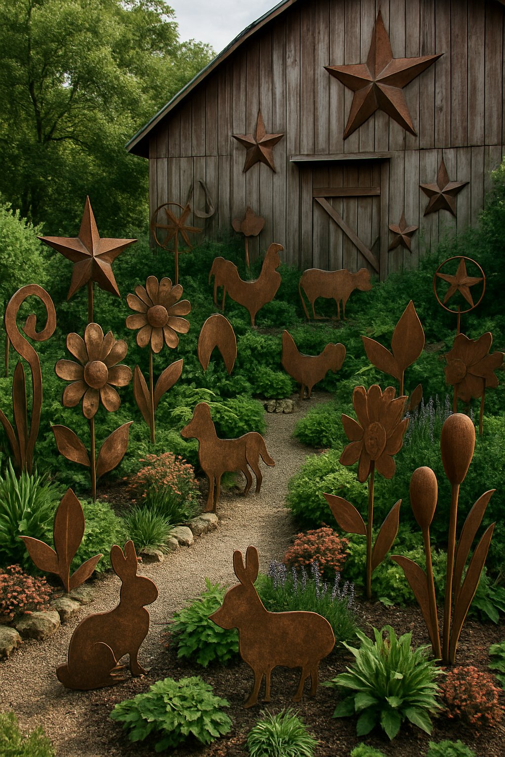 A barnyard garden with 27 weathered metal art pieces arranged among plants, pathways, and barn walls, creating a rustic outdoor landscape.