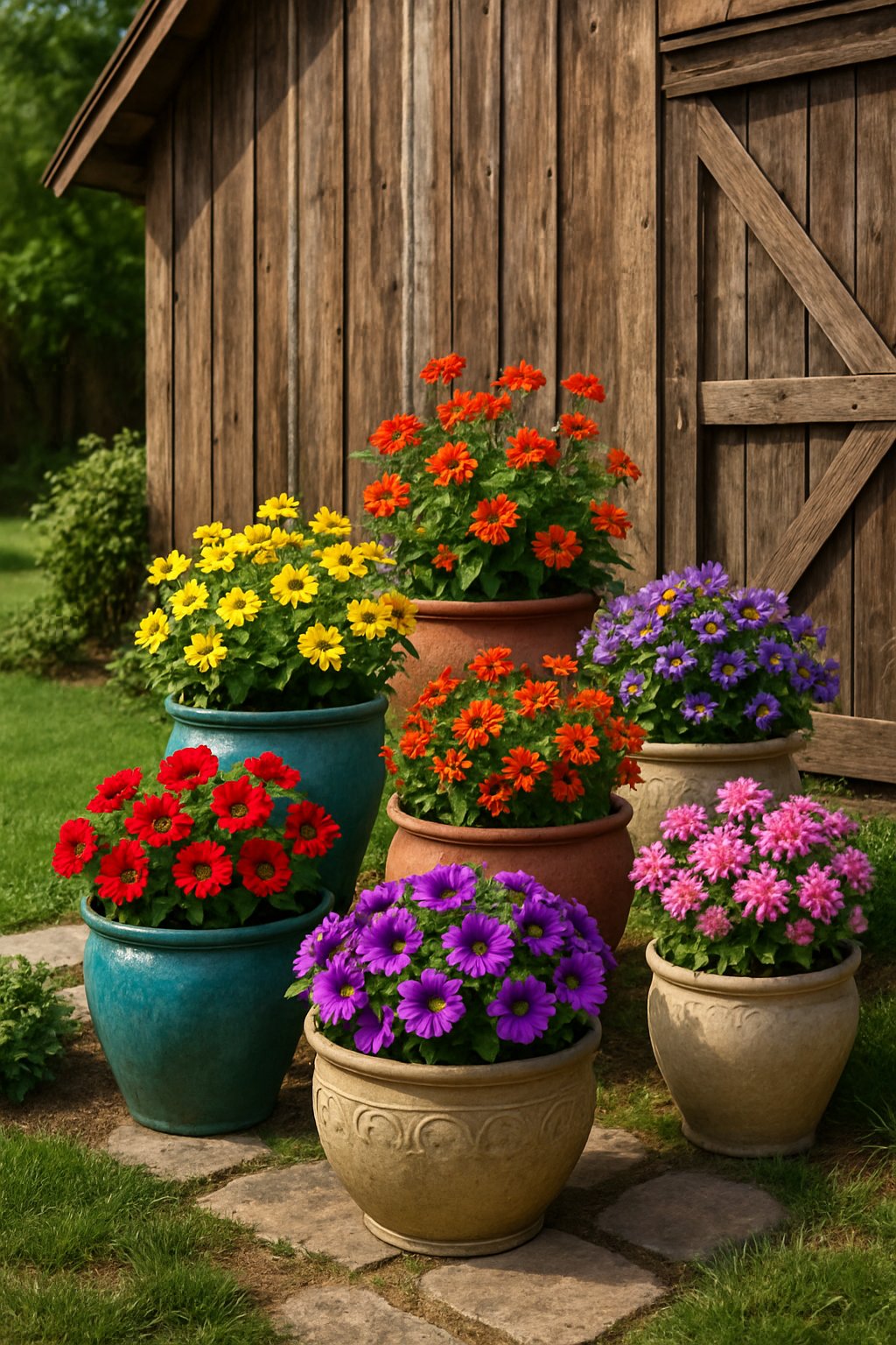 Colorful annual flowers in pots arranged around a rustic barn with wooden walls and green grass.
