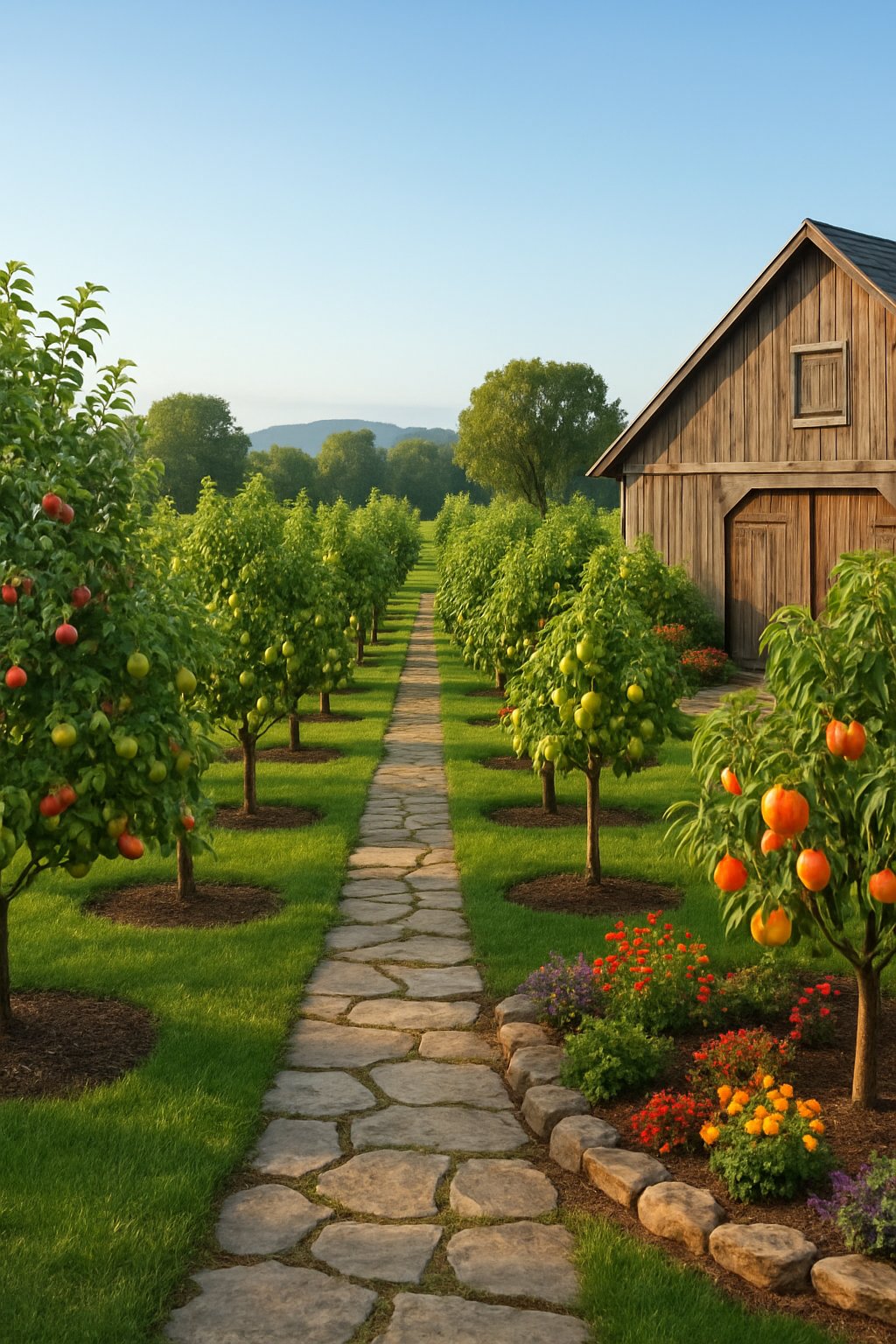 A compact orchard with 27 fruit trees arranged in rows near a rustic wooden barn, surrounded by stone pathways, flower beds, and green grass under a clear blue sky.