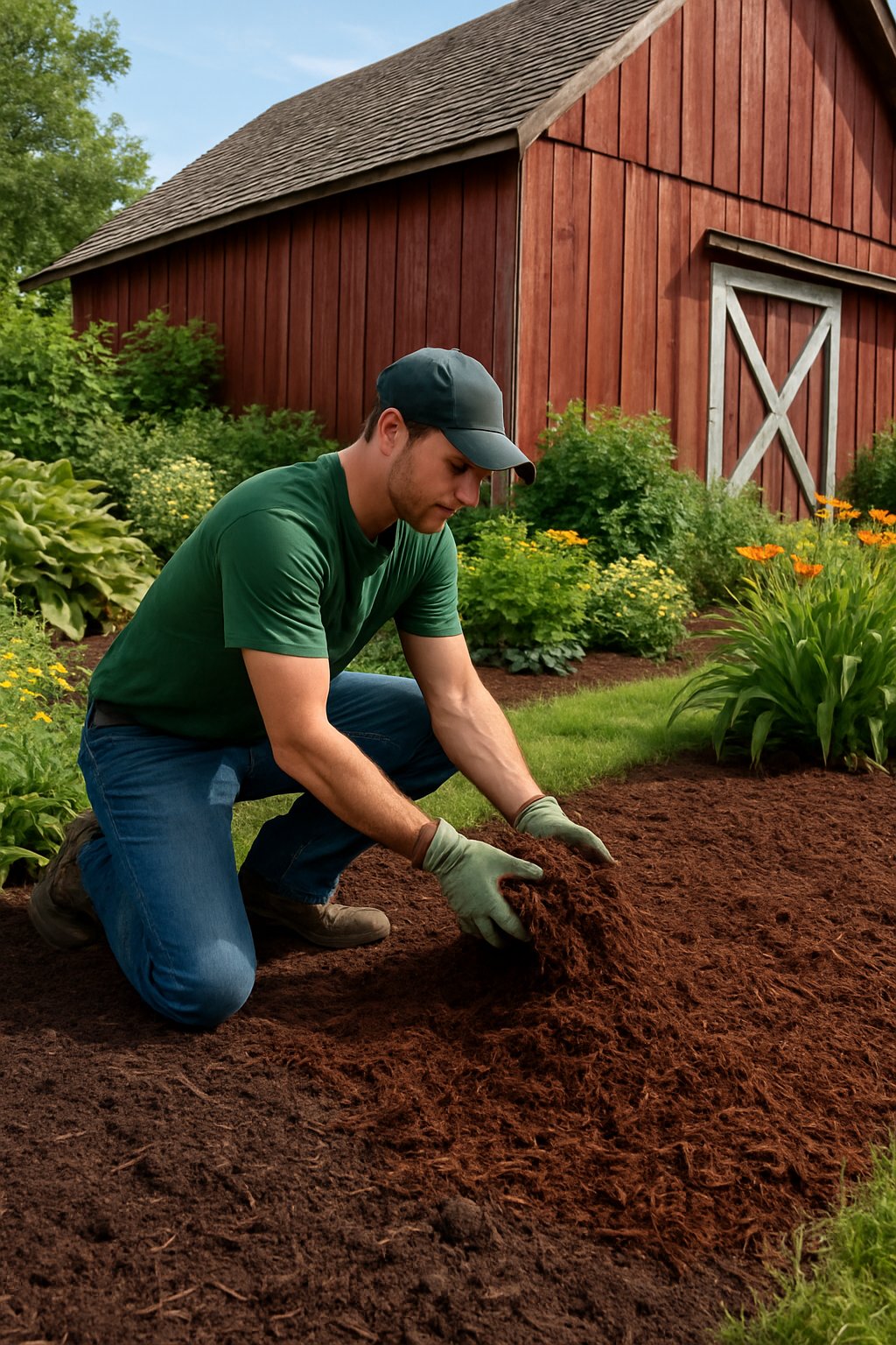A gardener spreading mulch around a red barn with green plants and flowers in a rural setting.