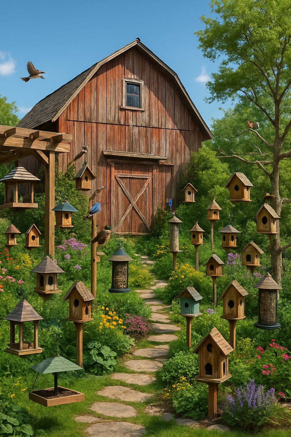 A rustic barn surrounded by landscaped grounds with numerous bird feeders and birdhouses, colorful plants, and birds perched nearby.