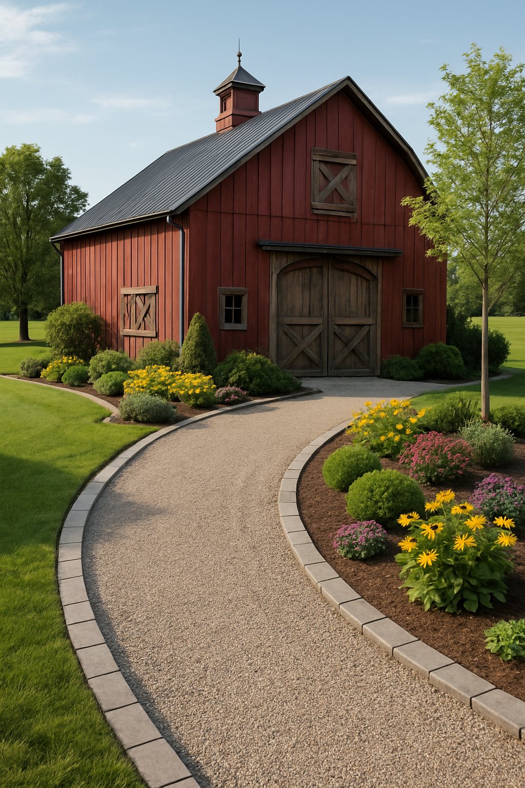 A red barn surrounded by a gravel driveway edged neatly with plants and greenery in a rural landscape.