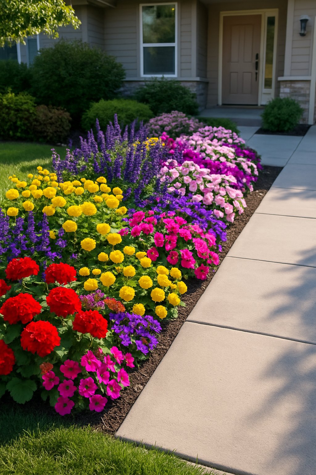 A front yard with a colorful flower bed next to a clean stone walkway leading to a house entrance.